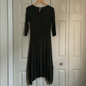 Comfy dark green striped asymmetrical midi dress
